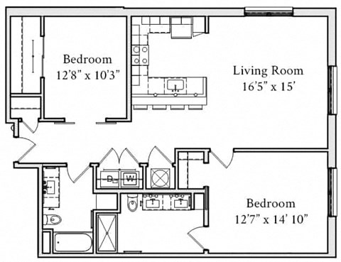 Floor plan for 2 beds, 2 baths, 1109 sqft